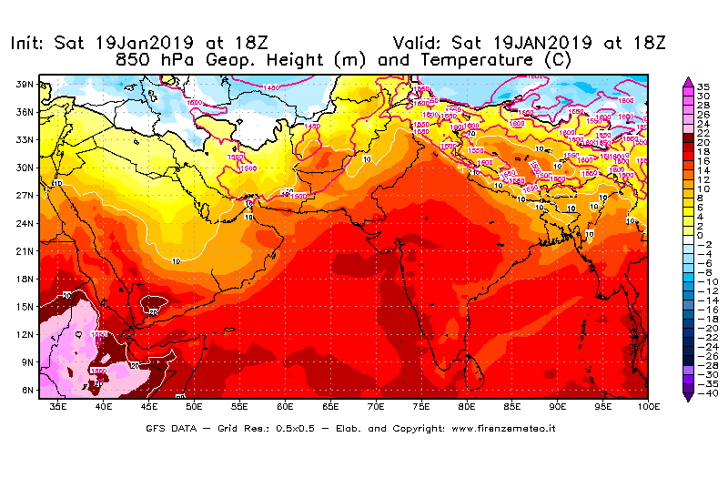 Mappa di analisi GFS - Geopotenziale [m] e Temperatura [°C] a 850 hPa in Asia Sud-Occidentale
									del 19/01/2019 18 <!--googleoff: index-->UTC<!--googleon: index-->