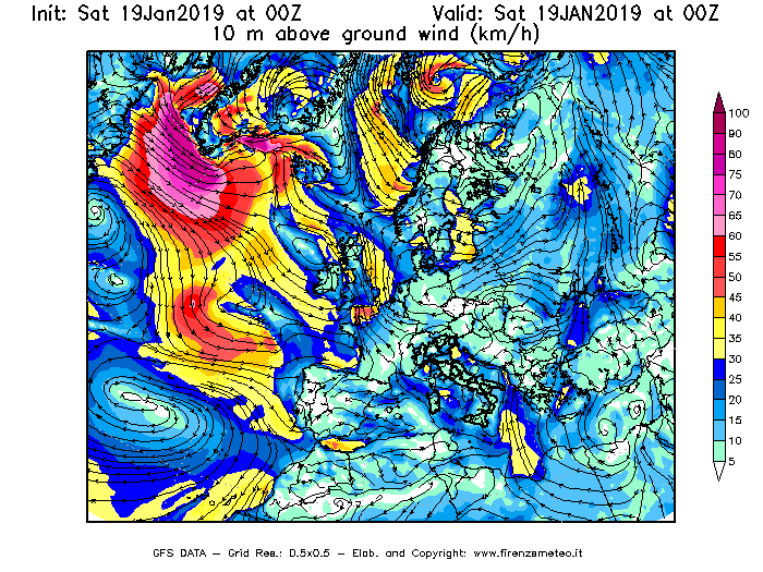 Mappa di analisi GFS - Velocità del vento a 10 metri dal suolo [km/h] in Europa
									del 19/01/2019 00 <!--googleoff: index-->UTC<!--googleon: index-->