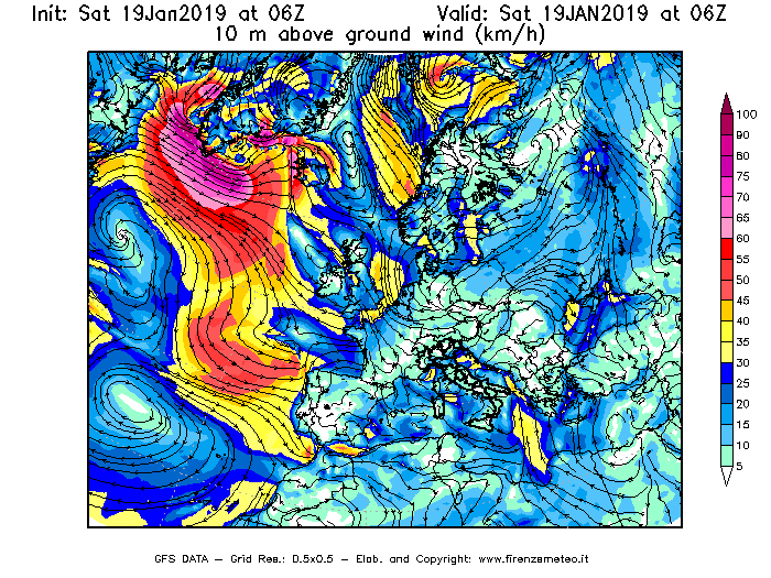 Mappa di analisi GFS - Velocità del vento a 10 metri dal suolo [km/h] in Europa
									del 19/01/2019 06 <!--googleoff: index-->UTC<!--googleon: index-->