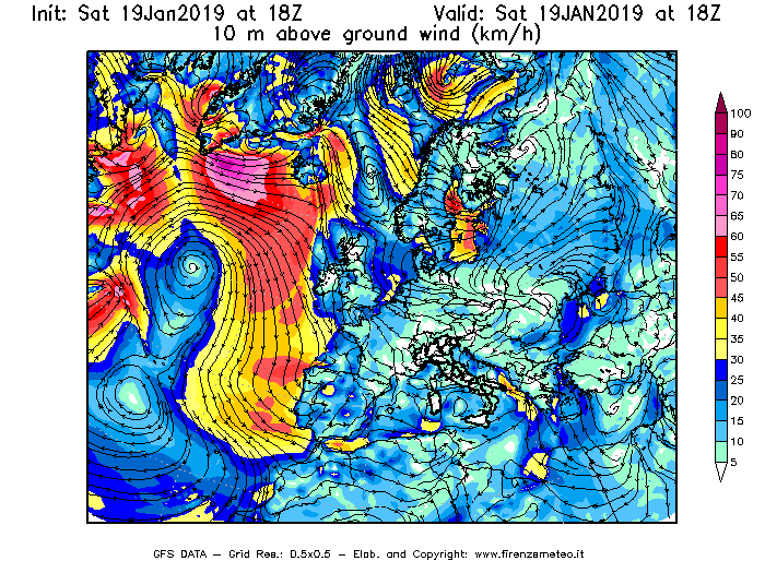 Mappa di analisi GFS - Velocità del vento a 10 metri dal suolo [km/h] in Europa
							del 19/01/2019 18 <!--googleoff: index-->UTC<!--googleon: index-->