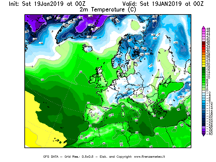 Mappa di analisi GFS - Temperatura a 2 metri dal suolo [°C] in Europa
									del 19/01/2019 00 <!--googleoff: index-->UTC<!--googleon: index-->