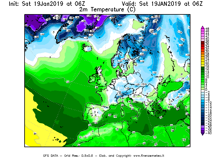 Mappa di analisi GFS - Temperatura a 2 metri dal suolo [°C] in Europa
							del 19/01/2019 06 <!--googleoff: index-->UTC<!--googleon: index-->