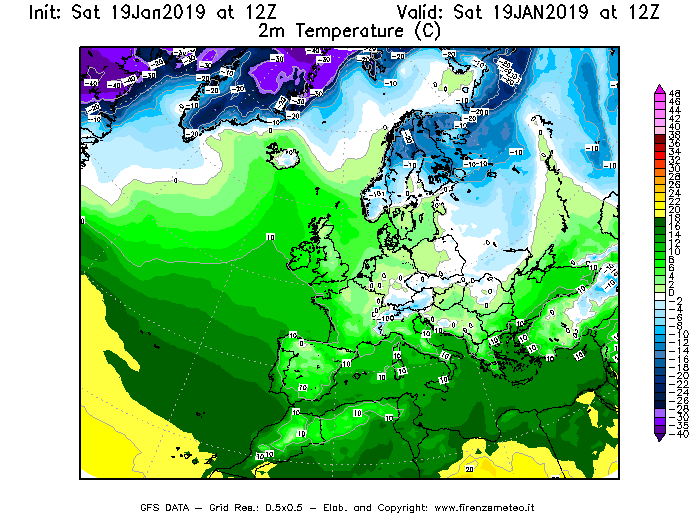 Mappa di analisi GFS - Temperatura a 2 metri dal suolo [°C] in Europa
							del 19/01/2019 12 <!--googleoff: index-->UTC<!--googleon: index-->