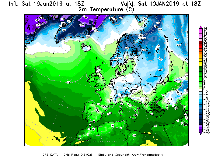 Mappa di analisi GFS - Temperatura a 2 metri dal suolo [°C] in Europa
									del 19/01/2019 18 <!--googleoff: index-->UTC<!--googleon: index-->