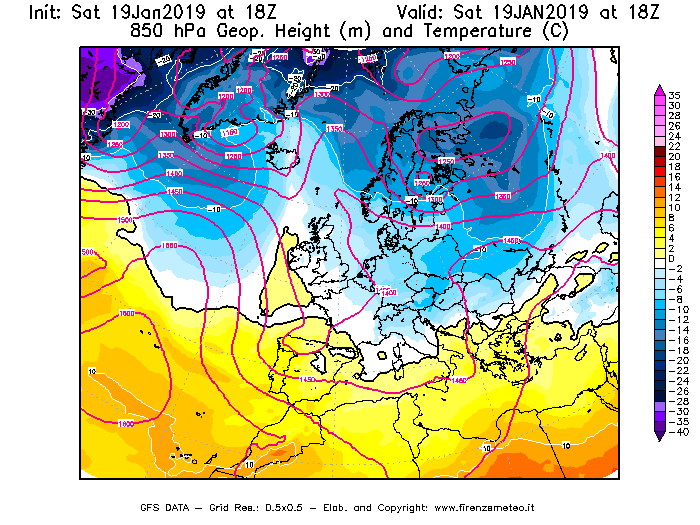 Mappa di analisi GFS - Geopotenziale [m] e Temperatura [°C] a 850 hPa in Europa
							del 19/01/2019 18 <!--googleoff: index-->UTC<!--googleon: index-->