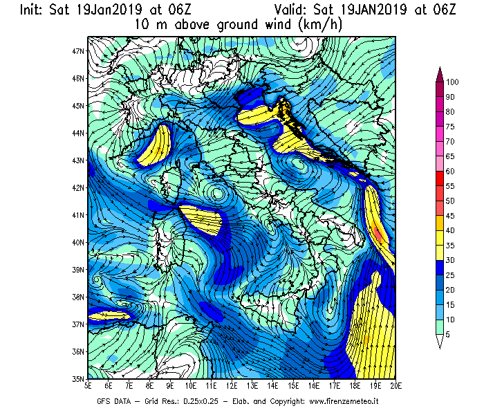 Mappa di analisi GFS - Velocità del vento a 10 metri dal suolo [km/h] in Italia
							del 19/01/2019 06 <!--googleoff: index-->UTC<!--googleon: index-->