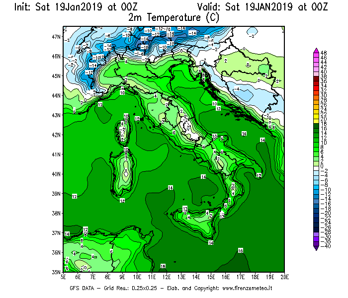 Mappa di analisi GFS - Temperatura a 2 metri dal suolo [°C] in Italia
							del 19/01/2019 00 <!--googleoff: index-->UTC<!--googleon: index-->