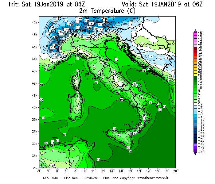 Mappa di analisi GFS - Temperatura a 2 metri dal suolo [°C] in Italia
							del 19/01/2019 06 <!--googleoff: index-->UTC<!--googleon: index-->