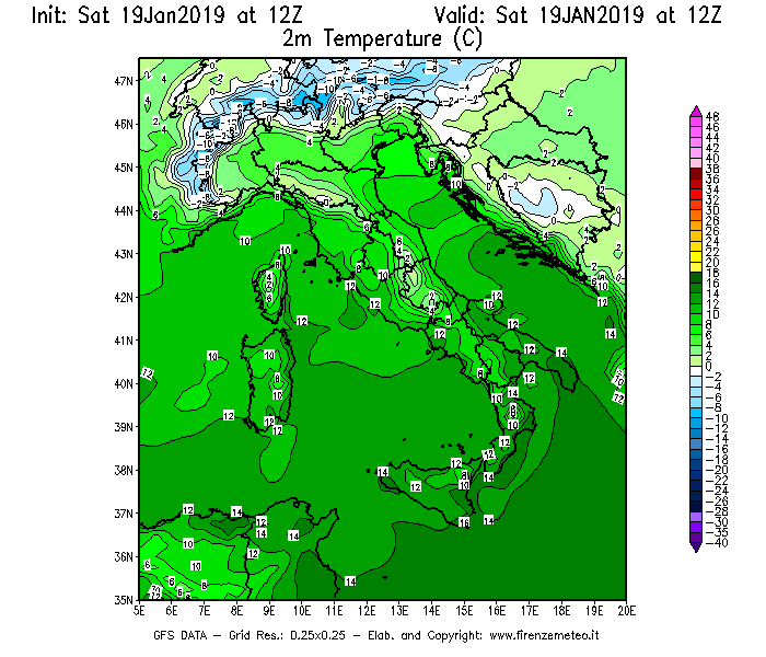 Mappa di analisi GFS - Temperatura a 2 metri dal suolo [°C] in Italia
									del 19/01/2019 12 <!--googleoff: index-->UTC<!--googleon: index-->