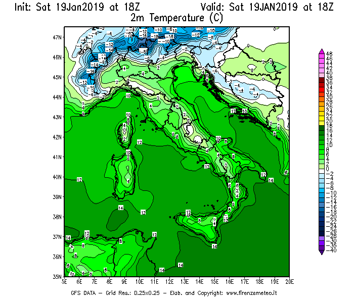 Mappa di analisi GFS - Temperatura a 2 metri dal suolo [°C] in Italia
									del 19/01/2019 18 <!--googleoff: index-->UTC<!--googleon: index-->
