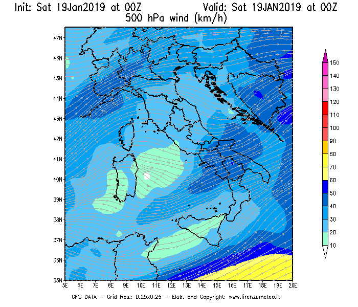 Mappa di analisi GFS - Velocità del vento a 500 hPa [km/h] in Italia
							del 19/01/2019 00 <!--googleoff: index-->UTC<!--googleon: index-->