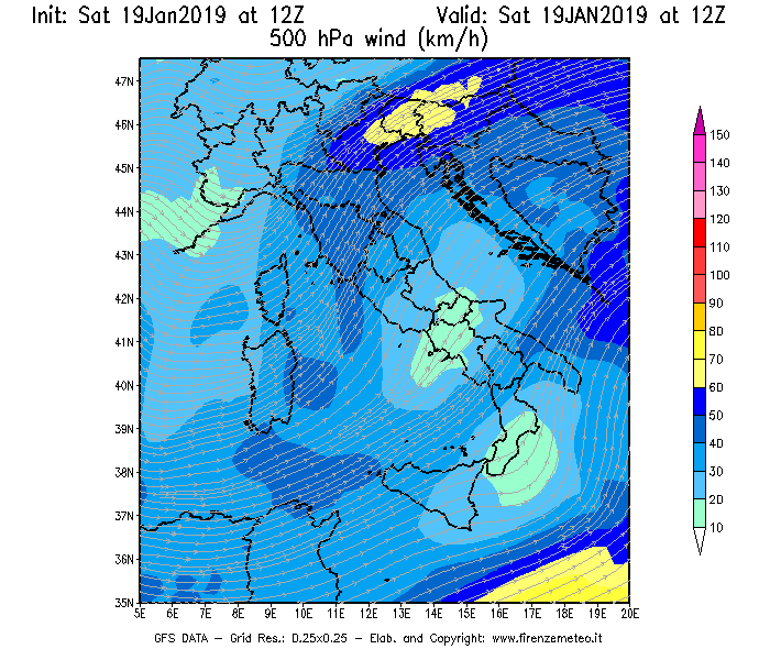 Mappa di analisi GFS - Velocità del vento a 500 hPa [km/h] in Italia
							del 19/01/2019 12 <!--googleoff: index-->UTC<!--googleon: index-->