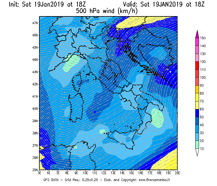 Mappa di analisi GFS - Velocità del vento a 500 hPa [km/h] in Italia
							del 19/01/2019 18 <!--googleoff: index-->UTC<!--googleon: index-->