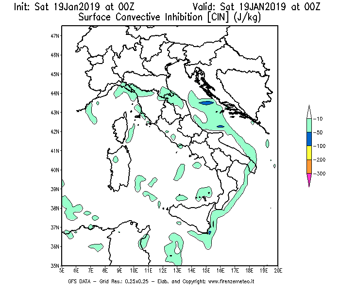 Mappa di analisi GFS - CIN [J/kg] in Italia
									del 19/01/2019 00 <!--googleoff: index-->UTC<!--googleon: index-->
