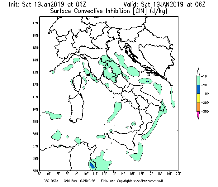 Mappa di analisi GFS - CIN [J/kg] in Italia
							del 19/01/2019 06 <!--googleoff: index-->UTC<!--googleon: index-->