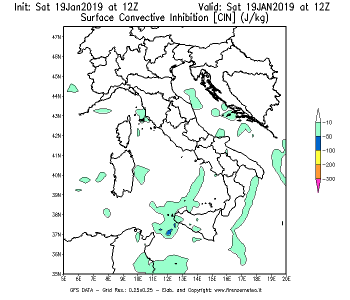 Mappa di analisi GFS - CIN [J/kg] in Italia
									del 19/01/2019 12 <!--googleoff: index-->UTC<!--googleon: index-->