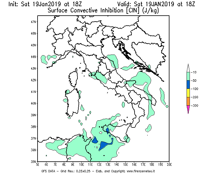 Mappa di analisi GFS - CIN [J/kg] in Italia
							del 19/01/2019 18 <!--googleoff: index-->UTC<!--googleon: index-->