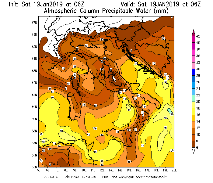Mappa di analisi GFS - Precipitable Water [mm] in Italia
									del 19/01/2019 06 <!--googleoff: index-->UTC<!--googleon: index-->