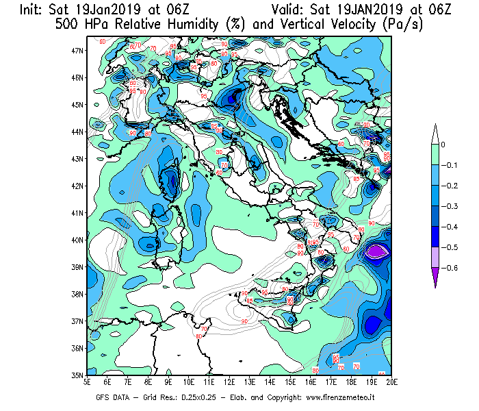 Mappa di analisi GFS - Umidità relativa [%] e Omega [Pa/s] a 500 hPa in Italia
							del 19/01/2019 06 <!--googleoff: index-->UTC<!--googleon: index-->