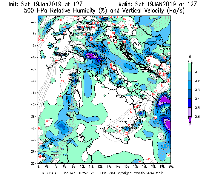 Mappa di analisi GFS - Umidità relativa [%] e Omega [Pa/s] a 500 hPa in Italia
							del 19/01/2019 12 <!--googleoff: index-->UTC<!--googleon: index-->