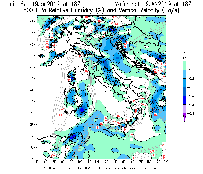 Mappa di analisi GFS - Umidità relativa [%] e Omega [Pa/s] a 500 hPa in Italia
							del 19/01/2019 18 <!--googleoff: index-->UTC<!--googleon: index-->