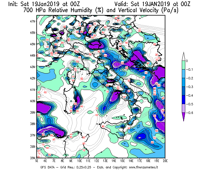 Mappa di analisi GFS - Umidità relativa [%] e Omega [Pa/s] a 700 hPa in Italia
									del 19/01/2019 00 <!--googleoff: index-->UTC<!--googleon: index-->