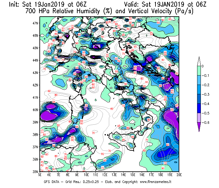 Mappa di analisi GFS - Umidità relativa [%] e Omega [Pa/s] a 700 hPa in Italia
							del 19/01/2019 06 <!--googleoff: index-->UTC<!--googleon: index-->