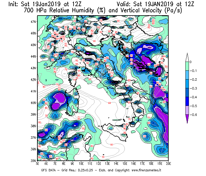 Mappa di analisi GFS - Umidità relativa [%] e Omega [Pa/s] a 700 hPa in Italia
							del 19/01/2019 12 <!--googleoff: index-->UTC<!--googleon: index-->