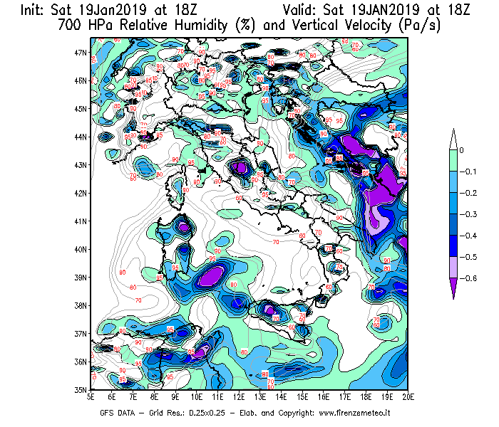 Mappa di analisi GFS - Umidità relativa [%] e Omega [Pa/s] a 700 hPa in Italia
									del 19/01/2019 18 <!--googleoff: index-->UTC<!--googleon: index-->