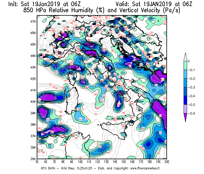 Mappa di analisi GFS - Umidità relativa [%] e Omega [Pa/s] a 850 hPa in Italia
									del 19/01/2019 06 <!--googleoff: index-->UTC<!--googleon: index-->