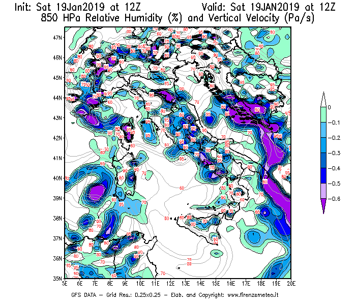 Mappa di analisi GFS - Umidità relativa [%] e Omega [Pa/s] a 850 hPa in Italia
									del 19/01/2019 12 <!--googleoff: index-->UTC<!--googleon: index-->