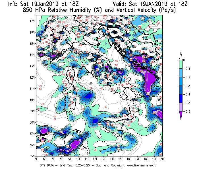 Mappa di analisi GFS - Umidità relativa [%] e Omega [Pa/s] a 850 hPa in Italia
									del 19/01/2019 18 <!--googleoff: index-->UTC<!--googleon: index-->