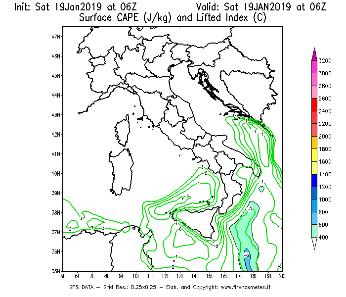Mappa di analisi GFS - CAPE [J/kg] e Lifted Index [°C] in Italia
									del 19/01/2019 06 <!--googleoff: index-->UTC<!--googleon: index-->