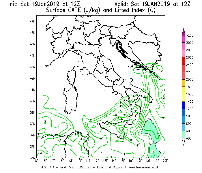 Mappa di analisi GFS - CAPE [J/kg] e Lifted Index [°C] in Italia
							del 19/01/2019 12 <!--googleoff: index-->UTC<!--googleon: index-->