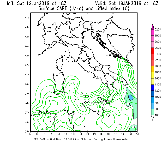 Mappa di analisi GFS - CAPE [J/kg] e Lifted Index [°C] in Italia
							del 19/01/2019 18 <!--googleoff: index-->UTC<!--googleon: index-->
