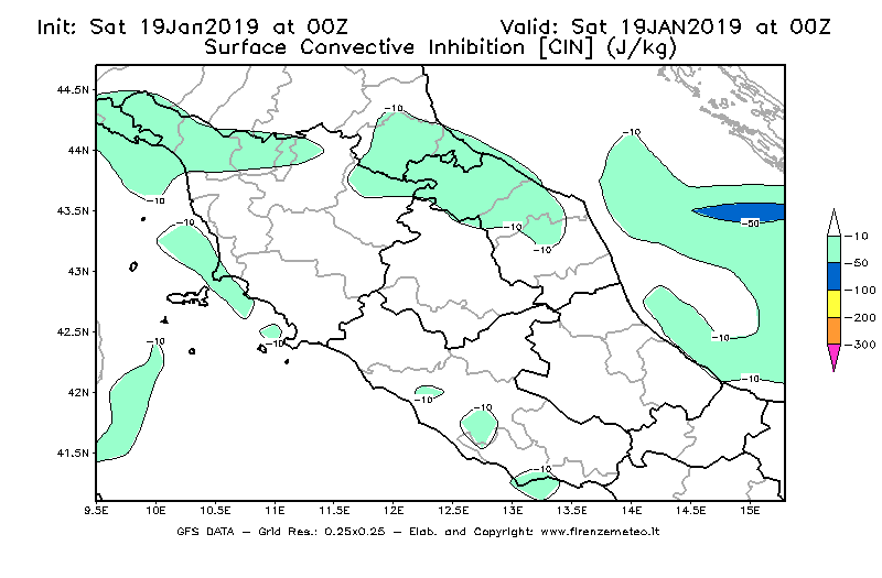 Mappa di analisi GFS - CIN [J/kg] in Centro-Italia
							del 19/01/2019 00 <!--googleoff: index-->UTC<!--googleon: index-->
