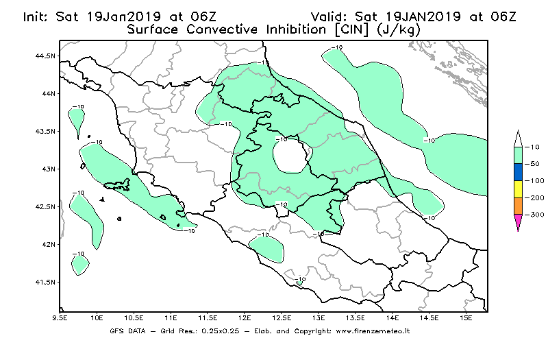 Mappa di analisi GFS - CIN [J/kg] in Centro-Italia
									del 19/01/2019 06 <!--googleoff: index-->UTC<!--googleon: index-->