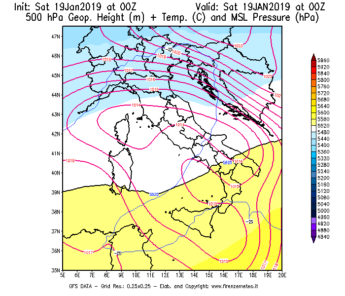 Mappa di analisi GFS - Geopotenziale [m] + Temp. [°C] a 500 hPa + Press. a livello del mare [hPa] in Italia
							del 19/01/2019 00 <!--googleoff: index-->UTC<!--googleon: index-->
