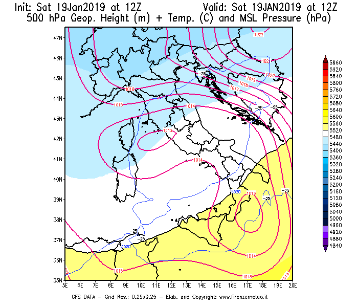 Mappa di analisi GFS - Geopotenziale [m] + Temp. [°C] a 500 hPa + Press. a livello del mare [hPa] in Italia
							del 19/01/2019 12 <!--googleoff: index-->UTC<!--googleon: index-->