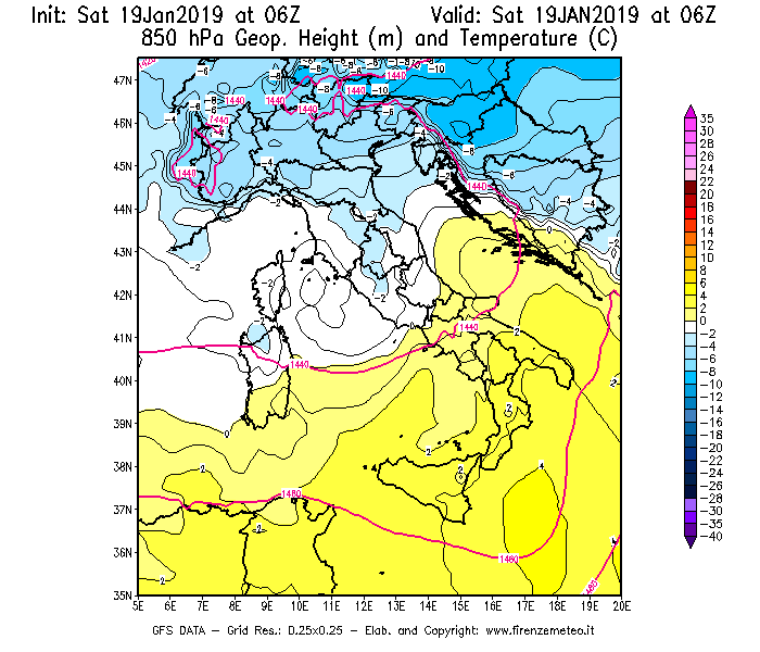 Mappa di analisi GFS - Geopotenziale [m] e Temperatura [°C] a 850 hPa in Italia
							del 19/01/2019 06 <!--googleoff: index-->UTC<!--googleon: index-->