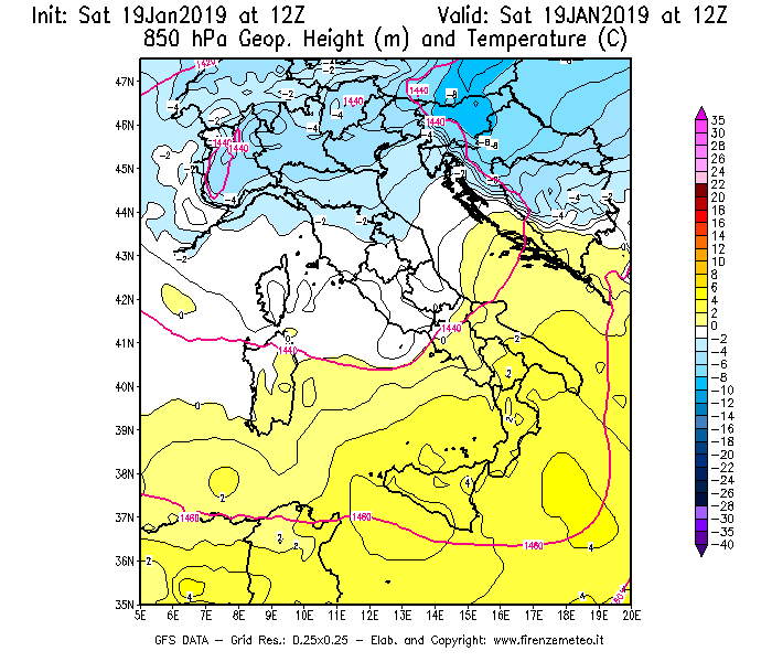 Mappa di analisi GFS - Geopotenziale [m] e Temperatura [°C] a 850 hPa in Italia
							del 19/01/2019 12 <!--googleoff: index-->UTC<!--googleon: index-->