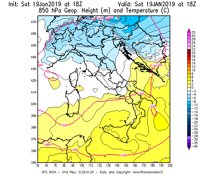 Mappa di analisi GFS - Geopotenziale [m] e Temperatura [°C] a 850 hPa in Italia
									del 19/01/2019 18 <!--googleoff: index-->UTC<!--googleon: index-->