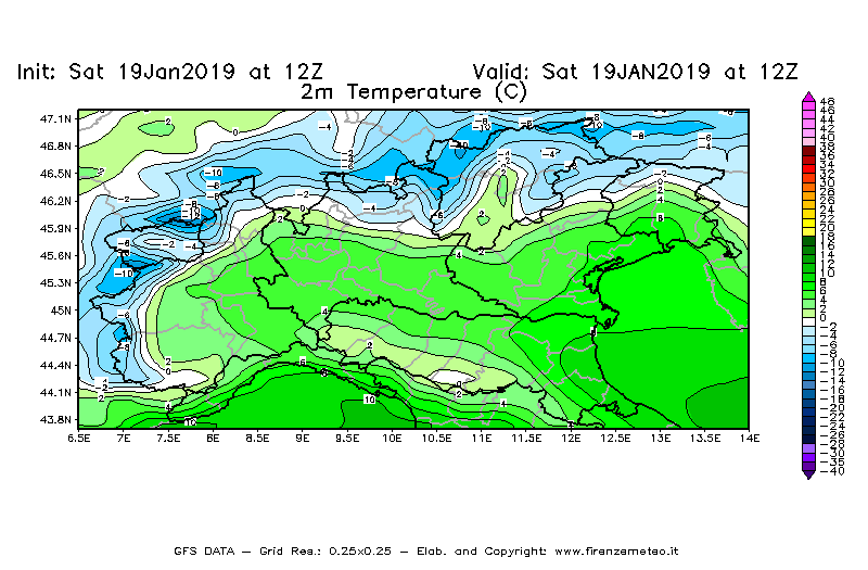 Mappa di analisi GFS - Temperatura a 2 metri dal suolo [°C] in Nord-Italia
									del 19/01/2019 12 <!--googleoff: index-->UTC<!--googleon: index-->