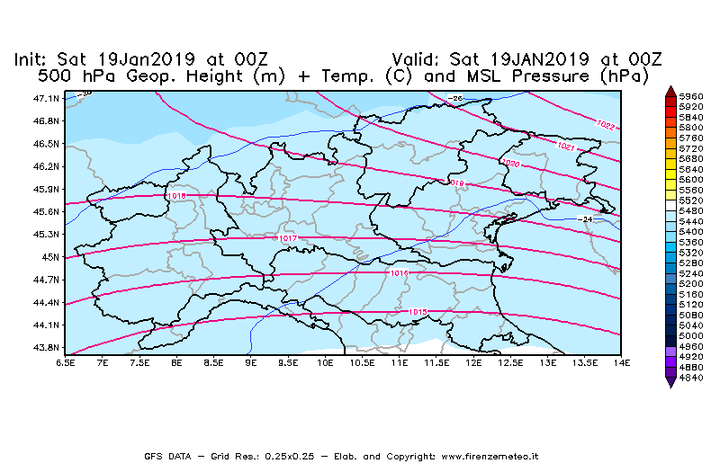 Mappa di analisi GFS - Geopotenziale [m] + Temp. [°C] a 500 hPa + Press. a livello del mare [hPa] in Nord-Italia
									del 19/01/2019 00 <!--googleoff: index-->UTC<!--googleon: index-->