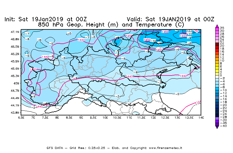 Mappa di analisi GFS - Geopotenziale [m] e Temperatura [°C] a 850 hPa in Nord-Italia
									del 19/01/2019 00 <!--googleoff: index-->UTC<!--googleon: index-->