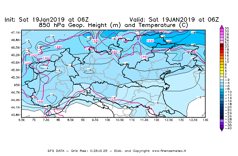 Mappa di analisi GFS - Geopotenziale [m] e Temperatura [°C] a 850 hPa in Nord-Italia
							del 19/01/2019 06 <!--googleoff: index-->UTC<!--googleon: index-->