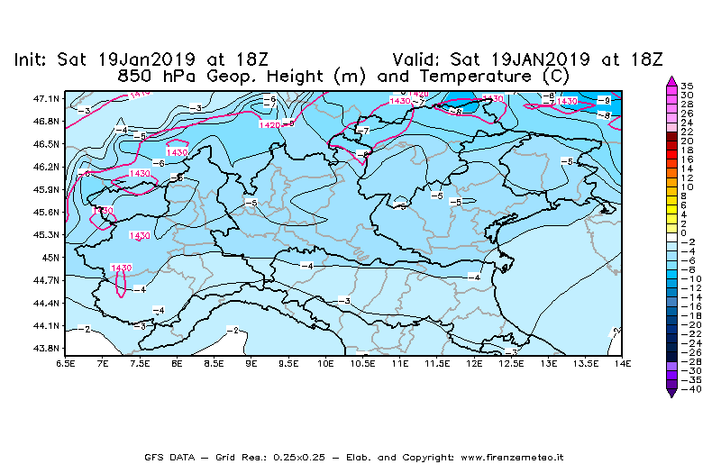 Mappa di analisi GFS - Geopotenziale [m] e Temperatura [°C] a 850 hPa in Nord-Italia
							del 19/01/2019 18 <!--googleoff: index-->UTC<!--googleon: index-->