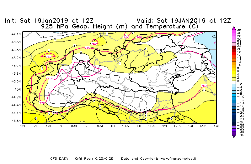 Mappa di analisi GFS - Geopotenziale [m] e Temperatura [°C] a 925 hPa in Nord-Italia
									del 19/01/2019 12 <!--googleoff: index-->UTC<!--googleon: index-->