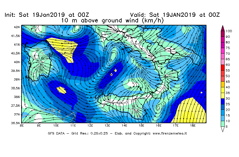 Mappa di analisi GFS - Velocità del vento a 10 metri dal suolo [km/h] in Sud-Italia
									del 19/01/2019 00 <!--googleoff: index-->UTC<!--googleon: index-->