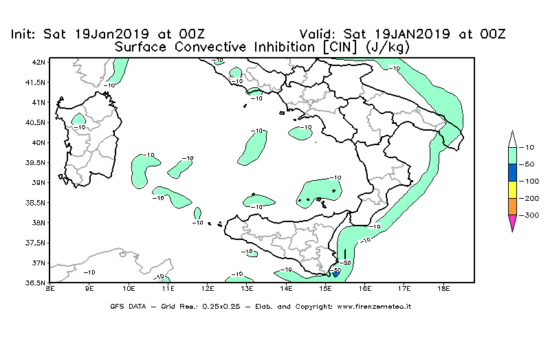 Mappa di analisi GFS - CIN [J/kg] in Sud-Italia
							del 19/01/2019 00 <!--googleoff: index-->UTC<!--googleon: index-->